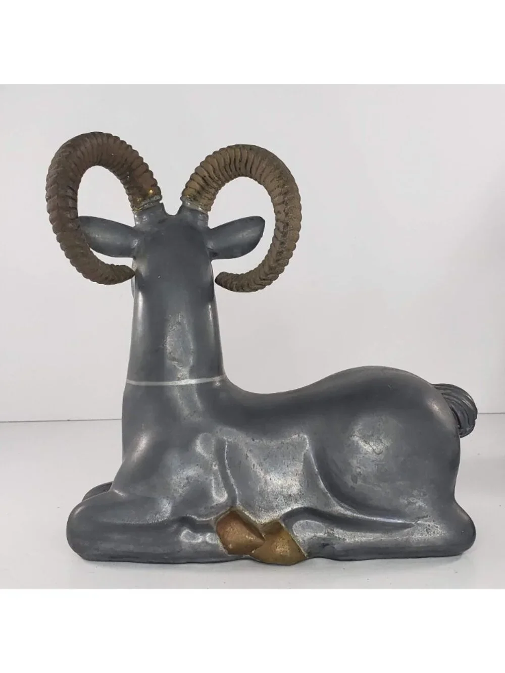 Art Deco Pewter Brass Ram Antelope Ibex Bookend Pair Vintage 1930s